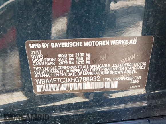 2017 BMW 4 Series 430i with VIN WBA4F7C3XHG788932, listed as a IAAI auction lot 42343313 with 85,010 mi miles and . Bid and sale history available at DreamBid. Image 9.
