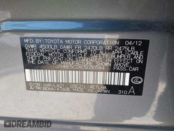 2012 Lexus IS 350 with VIN JTHBE5C2XC5030584, listed as a IAAI auction lot 41494003 with 62,013 mi miles and . Bid and sale history available at DreamBid. Image 9.