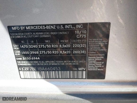 2011 Mercedes-Benz GL-Class GL 450 with VIN 4JGBF7BE1BA660453, listed as a IAAI auction lot 41852431 with 143,084 mi miles. Bid and sale history available at carsss.com. Image 9.