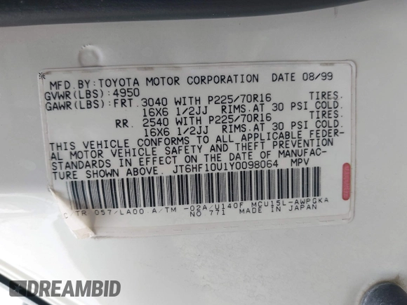 2000 Lexus RX 300 with VIN JT6HF10U1Y0098064, listed as a IAAI auction lot 42046249 with 216,171 mi miles. Bid and sale history available at carsss.com. Image 9.