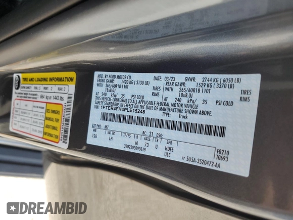 2023 Ford Ranger XL с VIN 1FTER4FH4PLE15248, выставлен на аукционе Copart как лот 60606005 с пробегом 37 694 миль миль и Списание • Salvage title. История ставок и продаж доступна на DreamBid. Изображение 12.