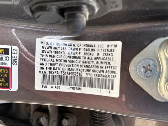 2010 Honda Civic Sdn LX with VIN 19XFA1F54AE032510, listed as a Copart auction lot 50771455 with 73,660 mi miles and Salvage Title. Bid and sale history available at carsss.com. Image 10.