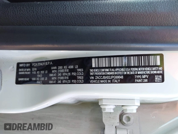 2018 Jeep Renegade Sport with VIN ZACCJBAB2JPG99648, listed as a IAAI auction lot 42337571 with 127,402 mi miles and . Bid and sale history available at DreamBid. Image 9.