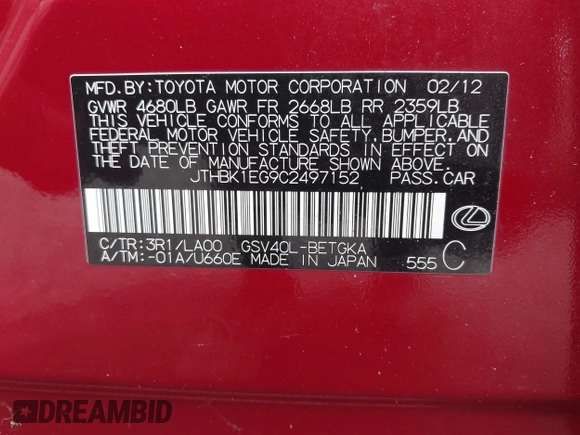 2012 Lexus ES 330 с VIN JTHBK1EG9C2497152, выставлен на аукционе IAAI как лот 42669681 с пробегом 182 981 миль миль и . История ставок и продаж доступна на DreamBid. Изображение 9.