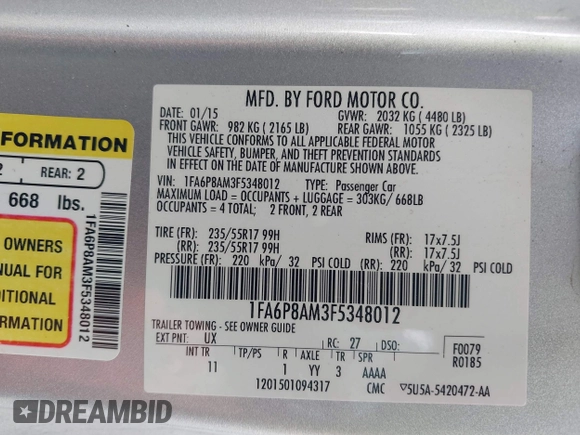 2015 Ford Mustang V6 with VIN 1FA6P8AM3F5348012, listed as a IAAI auction lot 41910661 with 144,584 mi miles and . Bid and sale history available at DreamBid. Image 9.