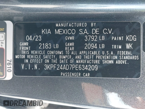 2023 Kia Forte LXS with VIN 3KPF24AD7PE634209, listed as a IAAI auction lot 42046423 with 37,542 mi miles and . Bid and sale history available at DreamBid. Image 9.