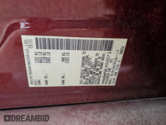 2016 Nissan Maxima SR with VIN 1N4AA6AP5GC404071, listed as a Copart auction lot 60612015 with 34,917 mi miles and Salvage title. Bid and sale history available at DreamBid. Image 12.