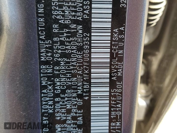 2015 Toyota Camry XLE with VIN 4T1BF1FK7FU069352, listed as a Copart auction lot 56123125 with 137,244 mi miles and Salvage Title. Bid and sale history available at DreamBid. Image 13.