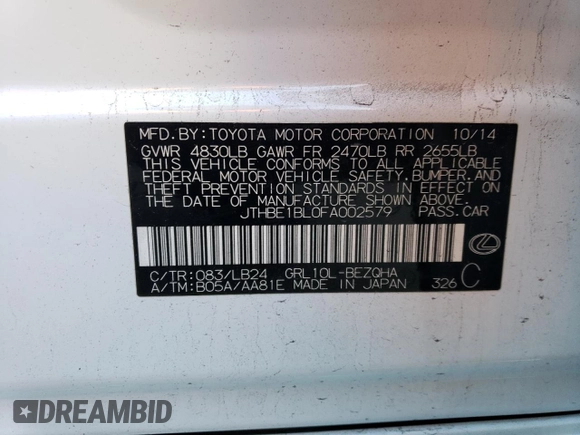 2015 Lexus GS 350 with VIN JTHBE1BL0FA002579, listed as a Copart auction lot 38811023 with 72,383 mi miles. Bid and sale history available at carsss.com. Image 12.