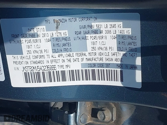 2010 Mazda CX-9 Grand Touring with VIN JM3TB2MV5A0235866, listed as a IAAI auction lot 42169226 with 106,138 mi miles and . Bid and sale history available at carsss.com. Image 9.