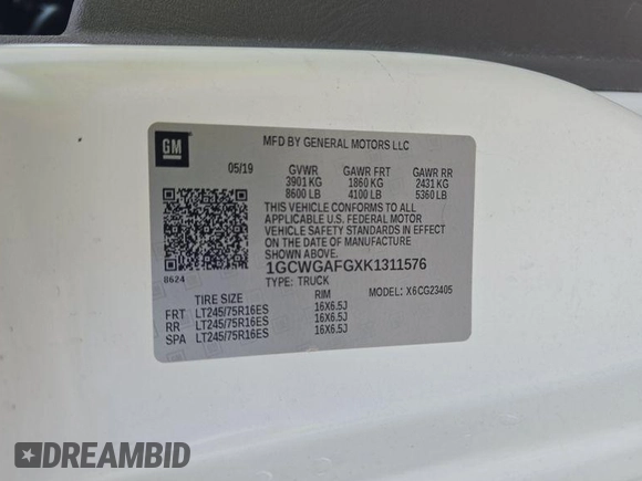 2019 Chevrolet Express Cargo with VIN 1GCWGAFGXK1311576, listed as a IAAI auction lot 42849741 with 157,295 mi miles and . Bid and sale history available at DreamBid. Image 14.