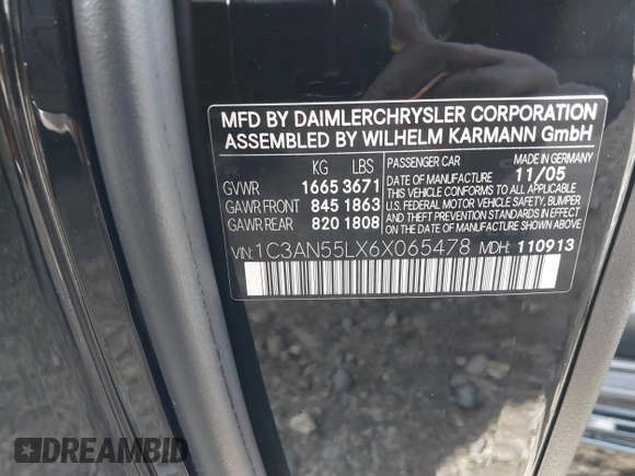 2006 Chrysler Crossfire with VIN 1C3AN55LX6X065478, listed as a IAAI auction lot 41385475 with 249,330 mi miles and . Bid and sale history available at DreamBid. Image 9.