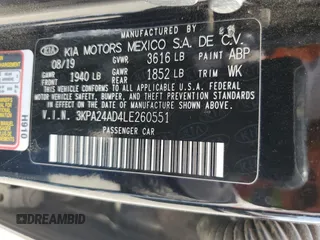 2020 Kia Rio LX with VIN 3KPA24AD4LE260551, listed as a Copart auction lot 55239445 with 45,671 mi miles and Salvage Title. Bid and sale history available at DreamBid. Image 12.