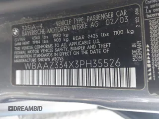 2003 BMW 3 Series 325i with VIN WBAAZ334X3PH35526, listed as a IAAI auction lot 42074943 with Not provided miles and . Bid and sale history available at DreamBid. Image 9.