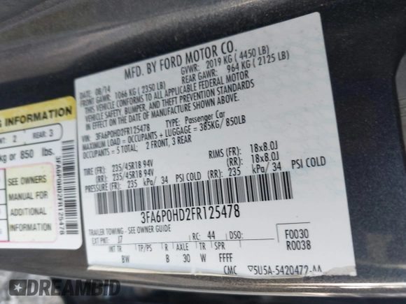 2015 Ford Fusion SE with VIN 3FA6P0HD2FR125478, listed as a IAAI auction lot 41849970 with 136,460 mi miles and . Bid and sale history available at DreamBid. Image 9.