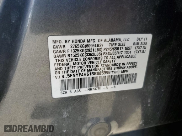 2011 Honda Pilot EX-L with VIN 5FNYF4H61BB085999, listed as a Copart auction lot 49703355 with 181,758 mi miles and Salvage Title. Bid and sale history available at DreamBid. Image 13.