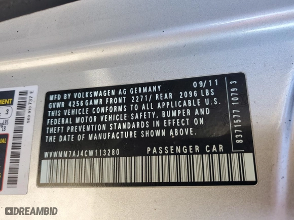 2012 Volkswagen Golf TDI with VIN WVWMM7AJ4CW113280, listed as a Copart auction lot 83847764 with 0 mi miles and Non Repairable. Bid and sale history available at carsss.com. Image 12.