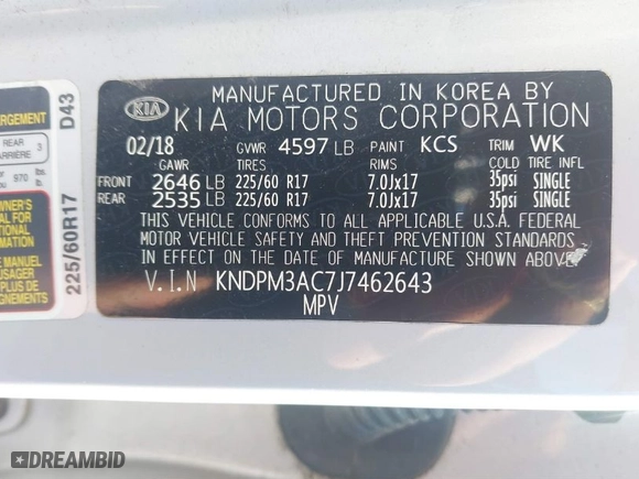 2018 Kia Sportage LX with VIN KNDPM3AC7J7462643, listed as a IAAI auction lot 41688511 with 45,860 mi miles. Bid and sale history available at carsss.com. Image 9.