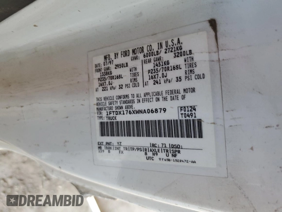 1998 Ford F-150 with VIN 1FTDX176XWNA06879, listed as a Copart auction lot 46032145 with 211,308 mi miles and Salvage title. Bid and sale history available at DreamBid. Image 12.