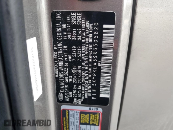 2019 Kia Sorento SX V6 with VIN 5XYPKDA59KG505820, listed as a Copart auction lot 42250135 with 59,097 mi miles and Salvage Title. Bid and sale history available at carsss.com. Image 13.
