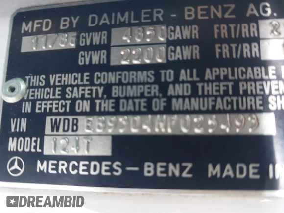 1987 Mercedes-Benz 300 with VIN WDBEB93D4HF025493, listed as a IAAI auction lot 41849239 with 343,514 mi miles and . Bid and sale history available at DreamBid. Image 9.