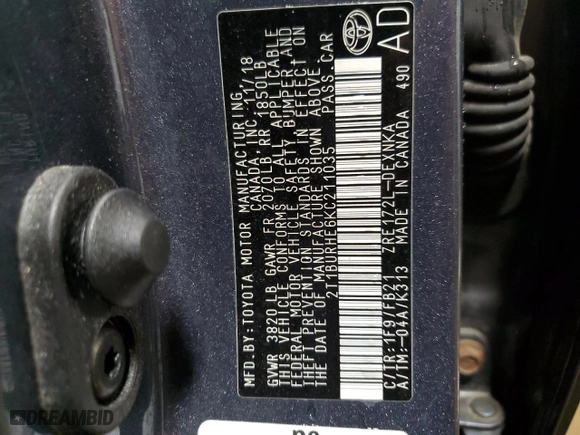 2019 Toyota Corolla L with VIN 2T1BURHE6KC211035, listed as a Copart auction lot 49241635 with 78,335 mi miles and Salvage Title. Bid and sale history available at carsss.com. Image 12.