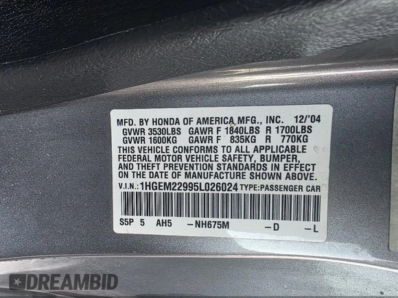 2005 Honda Civic EX with VIN 1HGEM22995L026024, listed as a IAAI auction lot 42020943 with 183,458 mi miles and . Bid and sale history available at DreamBid. Image 8.