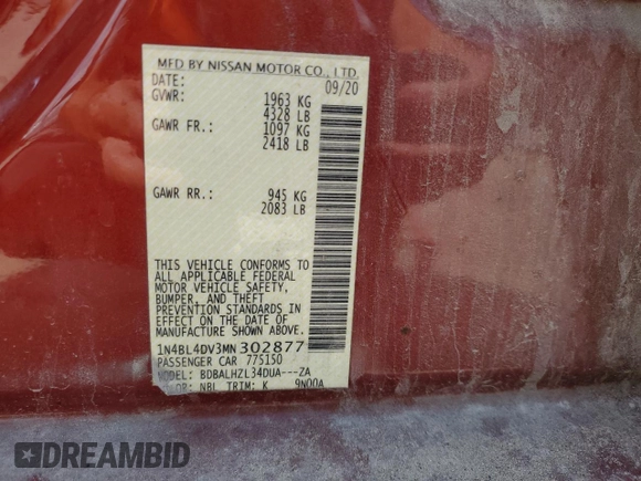 2021 Nissan Altima SV with VIN 1N4BL4DV3MN302877, listed as a Copart auction lot 47696305 with 93,900 mi miles and Non Repairable. Bid and sale history available at carsss.com. Image 14.