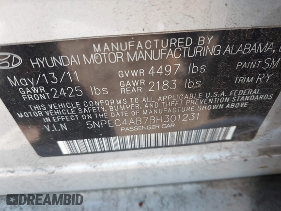 2011 Hyundai Sonata Limited with VIN 5NPEC4AB7BH301231, listed as a IAAI auction lot 41756390 with 250,448 mi miles and . Bid and sale history available at DreamBid. Image 9.