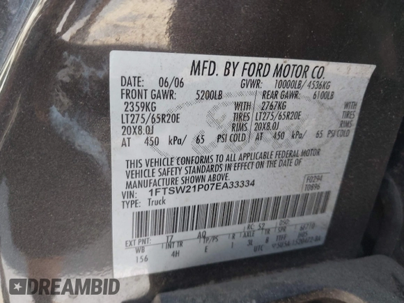 2007 Ford F-250 XL with VIN 1FTSW21P07EA33334, listed as a IAAI auction lot 42135533 with 246,545 mi miles and . Bid and sale history available at DreamBid. Image 9.