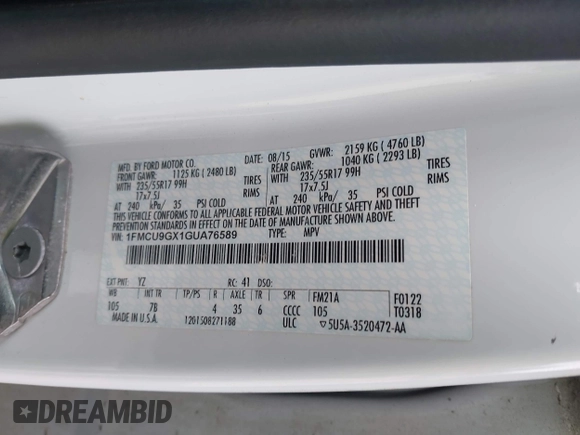 2016 Ford Escape SE with VIN 1FMCU9GX1GUA76589, listed as a IAAI auction lot 42014929 with 125,294 mi miles. Bid and sale history available at carsss.com. Image 9.