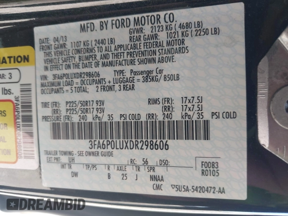 2013 Ford Fusion SE Hybrid with VIN 3FA6P0LUXDR298606, listed as a IAAI auction lot 41976525 with 121,660 mi miles. Bid and sale history available at carsss.com. Image 9.