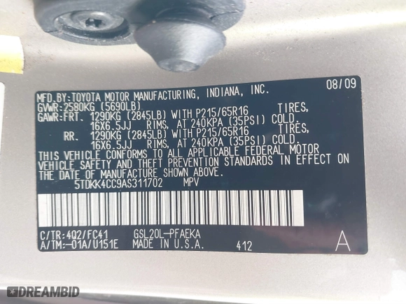 2010 Toyota Sienna CE with VIN 5TDKK4CC9AS311702, listed as a IAAI auction lot 41586415 with 206,453 mi miles. Bid and sale history available at carsss.com. Image 9.
