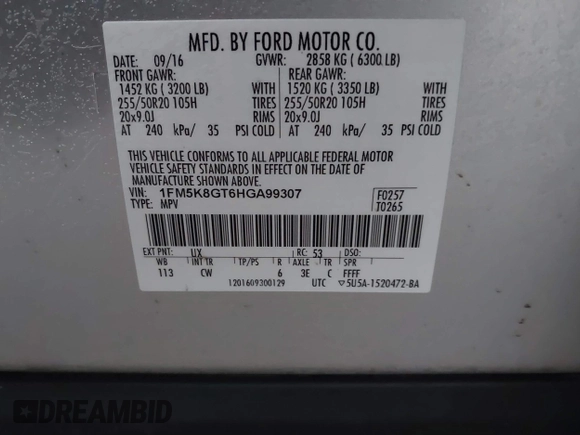 2017 Ford Explorer Sport z VIN 1FM5K8GT6HGA99307, wystawiony jako IAAI lot #41531536 z przebiegiem 128 911 mil mil oraz . Historia ofert i sprzedaży dostępna na DreamBid. Obrazek 9.