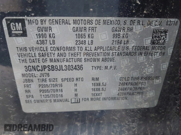 2018 Chevrolet Trax LT with VIN 3GNCJPSB9JL303436, listed as a IAAI auction lot 41836272 with 117,775 mi miles. Bid and sale history available at carsss.com. Image 9.