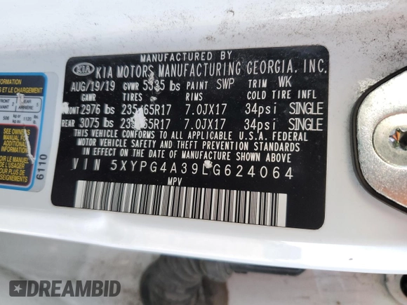 2020 Kia Sorento L with VIN 5XYPG4A39LG624064, listed as a Copart auction lot 50564435 with 89,581 mi miles and Clean Title. Bid and sale history available at DreamBid. Image 14.