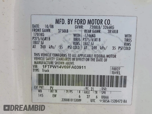 2009 Ford F-150 XL z VIN 1FTPW14V69FA03911, wystawiony jako IAAI lot #42345232 z przebiegiem 138 085 mil mil oraz . Historia ofert i sprzedaży dostępna na DreamBid. Obrazek 9.