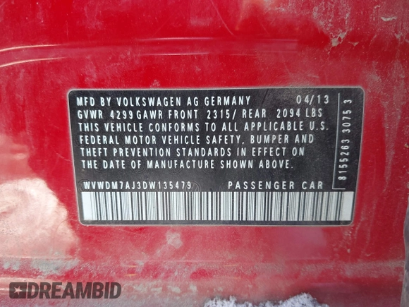 2013 Volkswagen Golf TDI with VIN WVWDM7AJ3DW135479, listed as a IAAI auction lot 41595762 with 153,457 mi miles and . Bid and sale history available at DreamBid. Image 9.