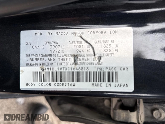 2012 Mazda 3 i Touring with VIN JM1BL1V7XC1646818, listed as a Copart auction lot 55244395 with 205,605 mi miles and Clean Title. Bid and sale history available at carsss.com. Image 10.