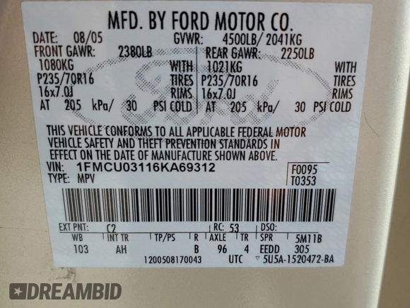 2006 Ford Escape XLT with VIN 1FMCU03116KA69312, listed as a Copart auction lot 70773514 with 164,079 mi miles and Salvage Title. Bid and sale history available at carsss.com. Image 13.