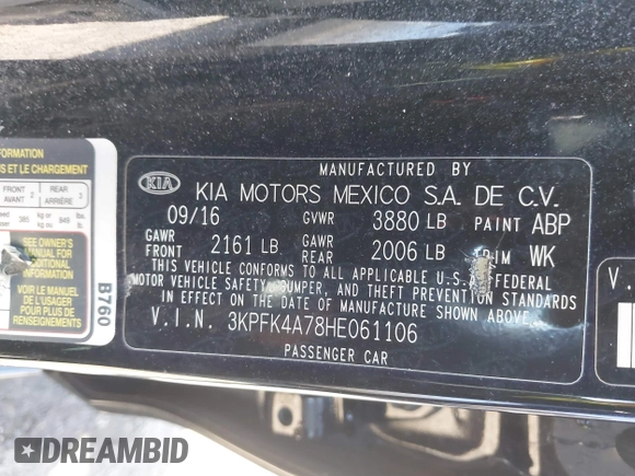 2017 Kia Forte LX with VIN 3KPFK4A78HE061106, listed as a IAAI auction lot 41727505 with 50,453 mi miles. Bid and sale history available at carsss.com. Image 9.