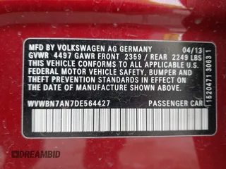2013 Volkswagen CC R-Line с VIN WVWBN7AN7DE564427, выставлен на аукционе IAAI как лот 42274303 с пробегом 61 758 миль миль и . История ставок и продаж доступна на DreamBid. Изображение 9.