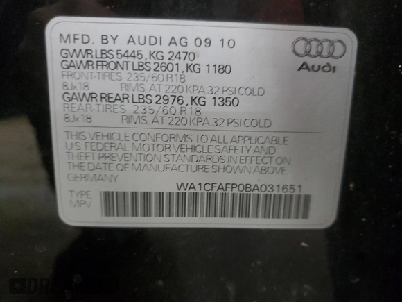 2011 Audi Q5 Premium z VIN WA1CFAFP0BA031651, wystawiony jako Copart lot #43416525 z przebiegiem 208 617 mil mil oraz Czysty tytuł • Clean title. Historia ofert i sprzedaży dostępna na DreamBid. Obrazek 13.