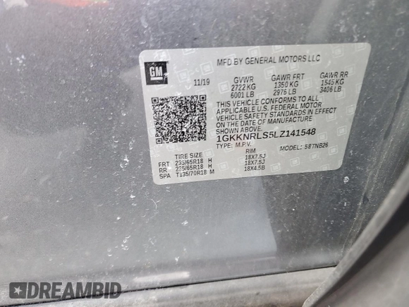 2020 GMC Acadia SLE z VIN 1GKKNRLS5LZ141548, wystawiony jako Copart lot #44615125 z przebiegiem 90 454 mil mil oraz Szkoda całkowita • Salvage title. Historia ofert i sprzedaży dostępna na DreamBid. Obrazek 13.