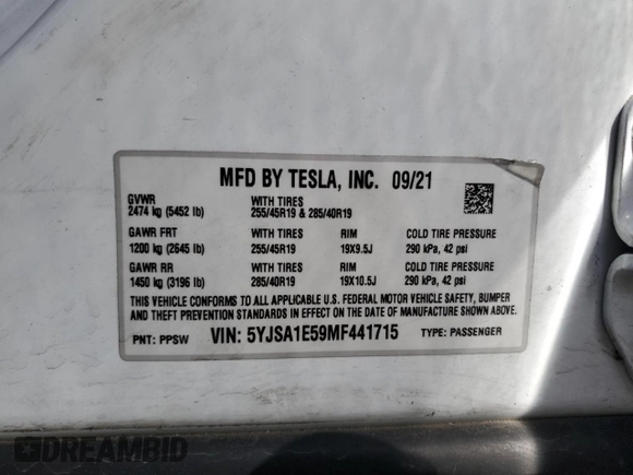 2021 Tesla Model S Long Range with VIN 5YJSA1E59MF441715, listed as a Copart auction lot 56667755 with Not provided miles and Salvage title. Bid and sale history available at DreamBid. Image 12.