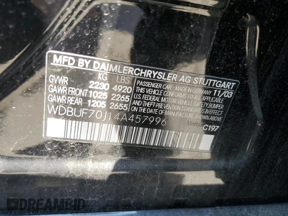 2004 Mercedes-Benz E-Class 5.0L with VIN WDBUF70J14A457996, listed as a Copart auction lot 46591504 with 146,769 mi miles and Salvage Title. Bid and sale history available at carsss.com. Image 12.