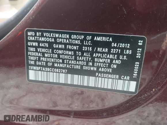 2012 Volkswagen Passat SE с VIN 1VWBP7A39CC082767, выставлен на аукционе IAAI как лот 42096139 с пробегом 119 736 миль миль и . История ставок и продаж доступна на DreamBid. Изображение 9.