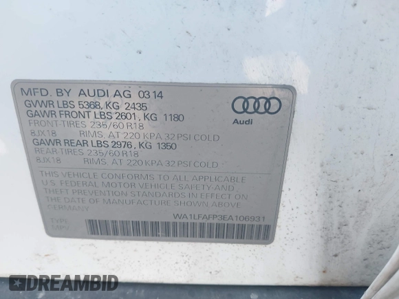 2014 Audi Q5 Premium Plus with VIN WA1LFAFP3EA106931, listed as a IAAI auction lot 41933150 with 140,104 mi miles and . Bid and sale history available at DreamBid. Image 9.