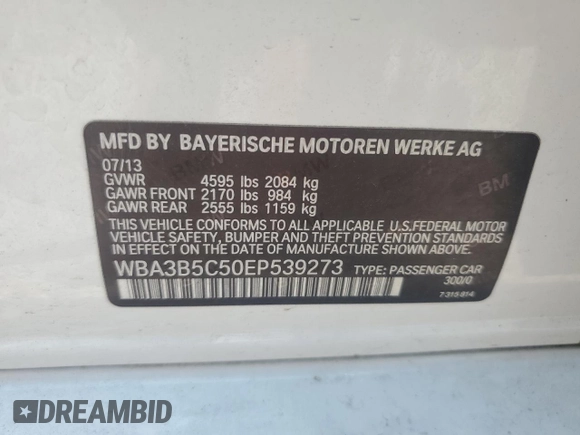 2014 BMW 3 Series 328i xDrive z VIN WBA3B5C50EP539273, wystawiony jako Copart lot #64083275 z przebiegiem Nie podano mil oraz Szkoda całkowita • Salvage title. Historia ofert i sprzedaży dostępna na DreamBid. Obrazek 12.