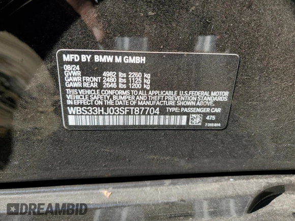 2025 BMW M3 Competition xDrive z VIN WBS33HJ03SFT87704, wystawiony jako Copart lot #77317434 z przebiegiem Nie podano mil oraz Szkoda całkowita • Salvage title. Historia ofert i sprzedaży dostępna na DreamBid. Obrazek 12.
